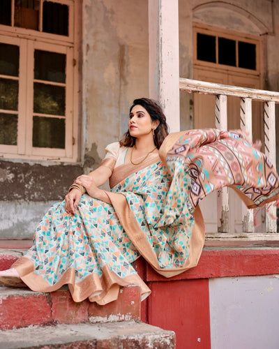 Pure Silk Digitally Printed Saree Weaved With Golden Zari Comes With Tassels - Almaari Fashion