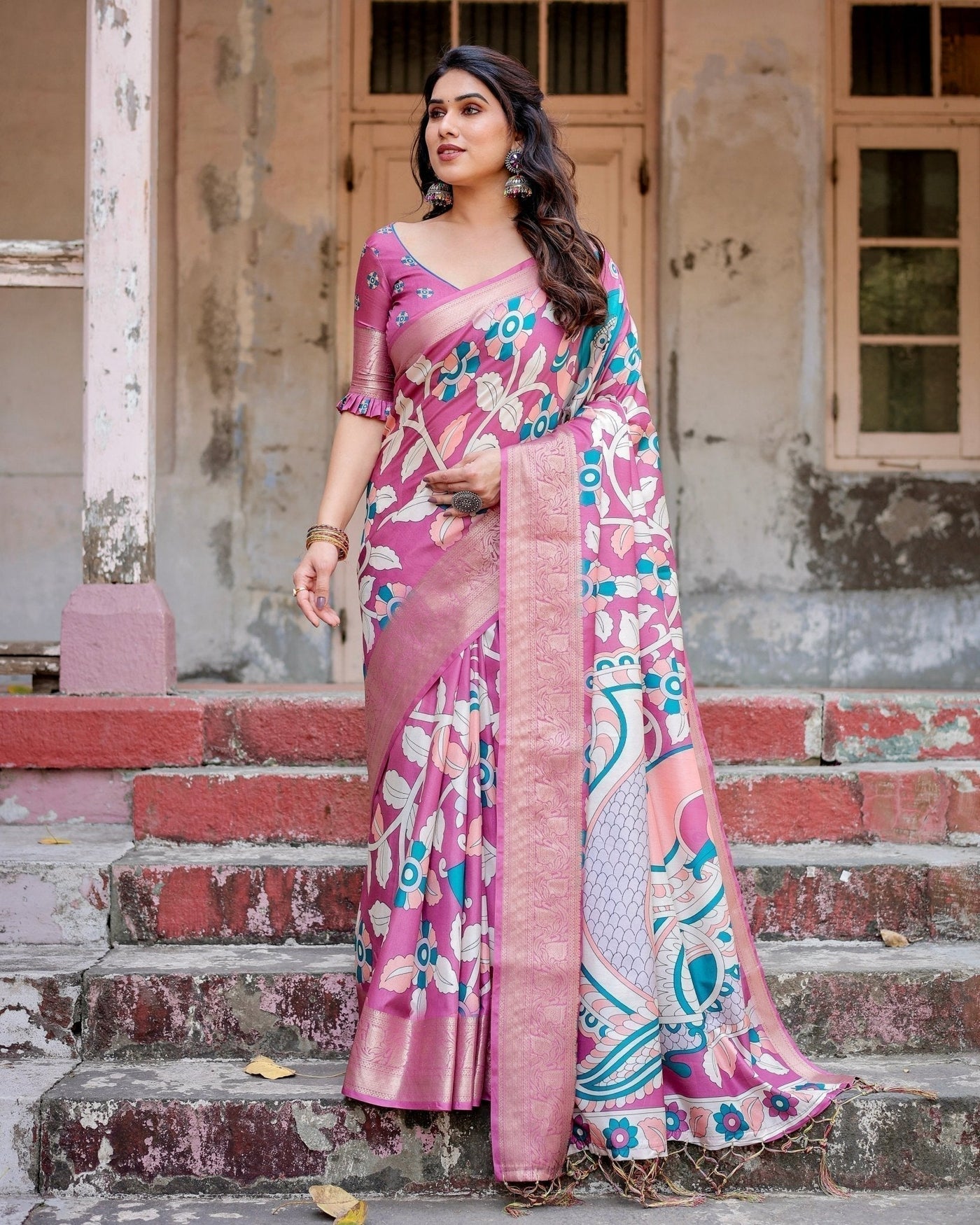 Pure Silk Digitally Printed Saree Weaved With Golden Zari Comes With Tassels - Almaari Fashion