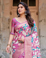 Blush Pink Tussar Silk Saree with Elegant Peacock and Floral Kalamkari Design