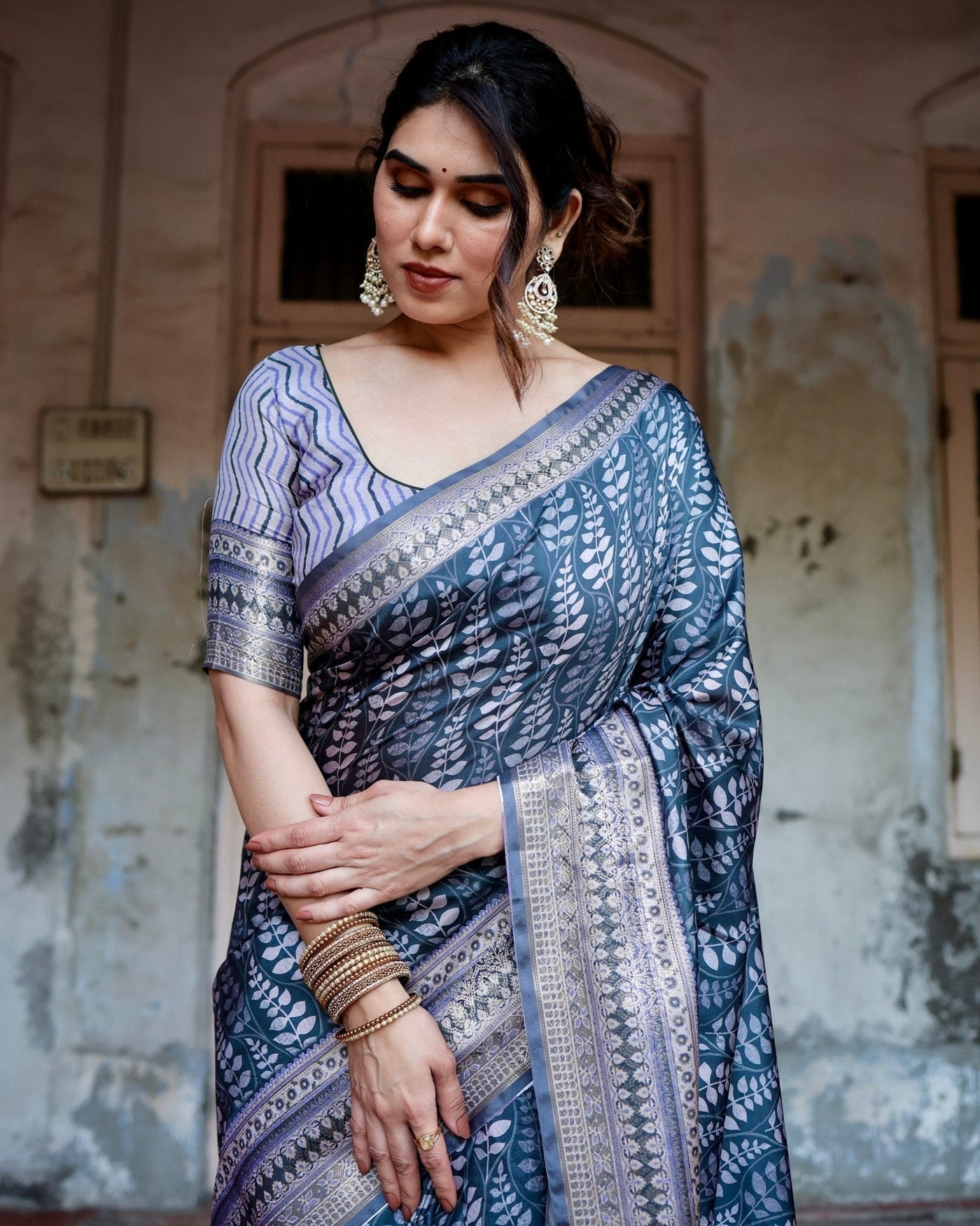 Pure Silk Digitally Printed Saree Weaved With Golden Zari Comes With Tassels - Almaari Fashion