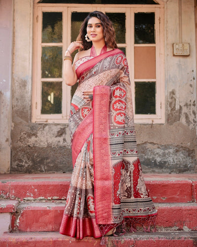 Pure Silk Digitally Printed Saree Weaved With Golden Zari Comes With Tassels - Almaari Fashion