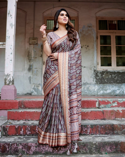 Pure Silk Digitally Printed Saree Weaved With Golden Zari Comes With Tassels - Almaari Fashion