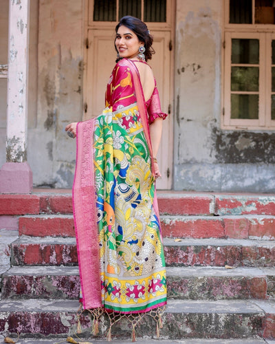 Pure Silk Digitally Printed Saree Weaved With Golden Zari Comes With Tassels - Almaari Fashion