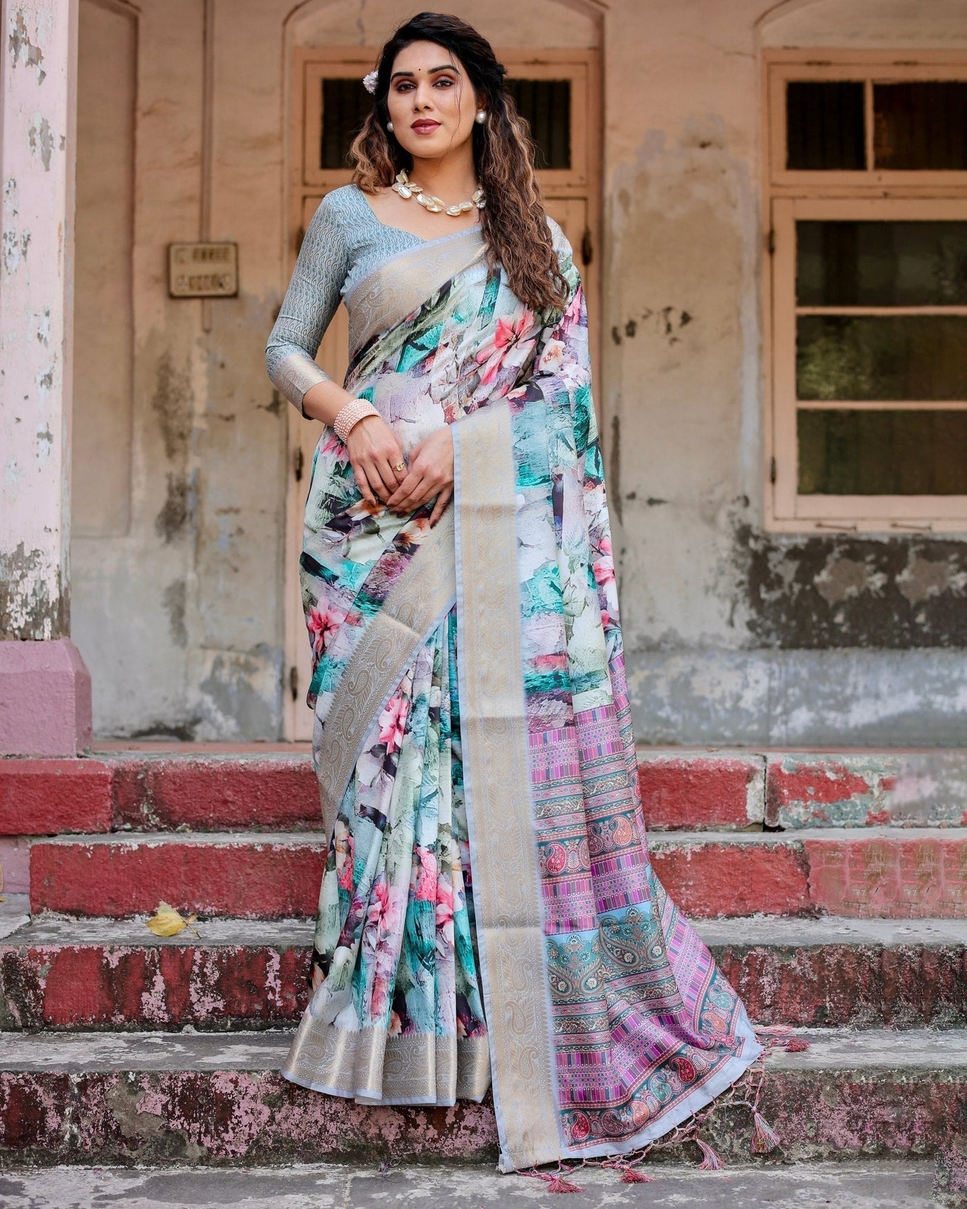 Pure Silk Digitally Printed Saree Weaved With Golden Zari Comes With Tassels - Almaari Fashion