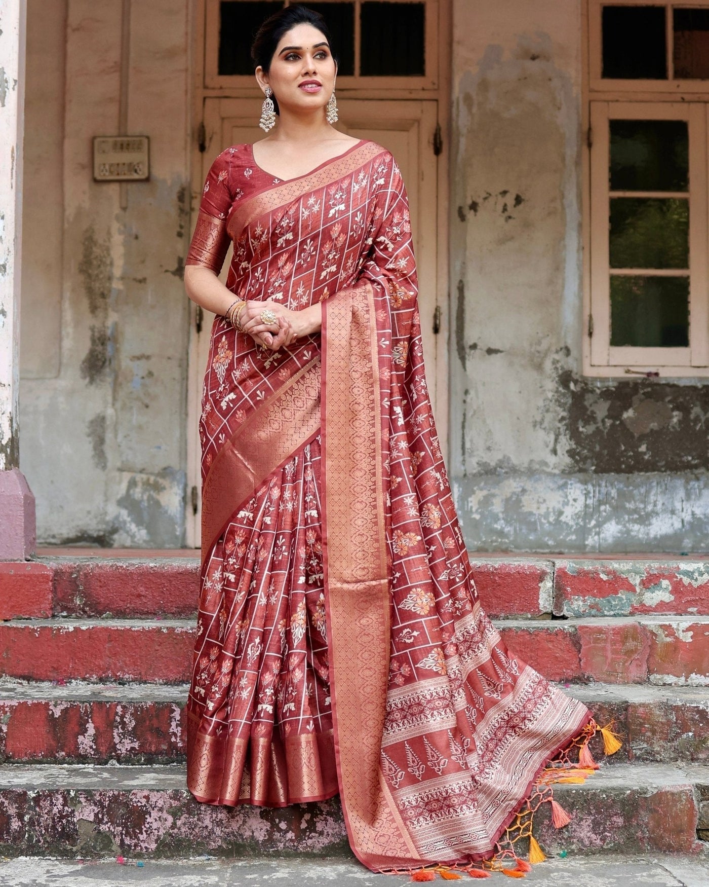 Pure Silk Digitally Printed Saree Weaved With Golden Zari Comes With Tassels - Almaari Fashion