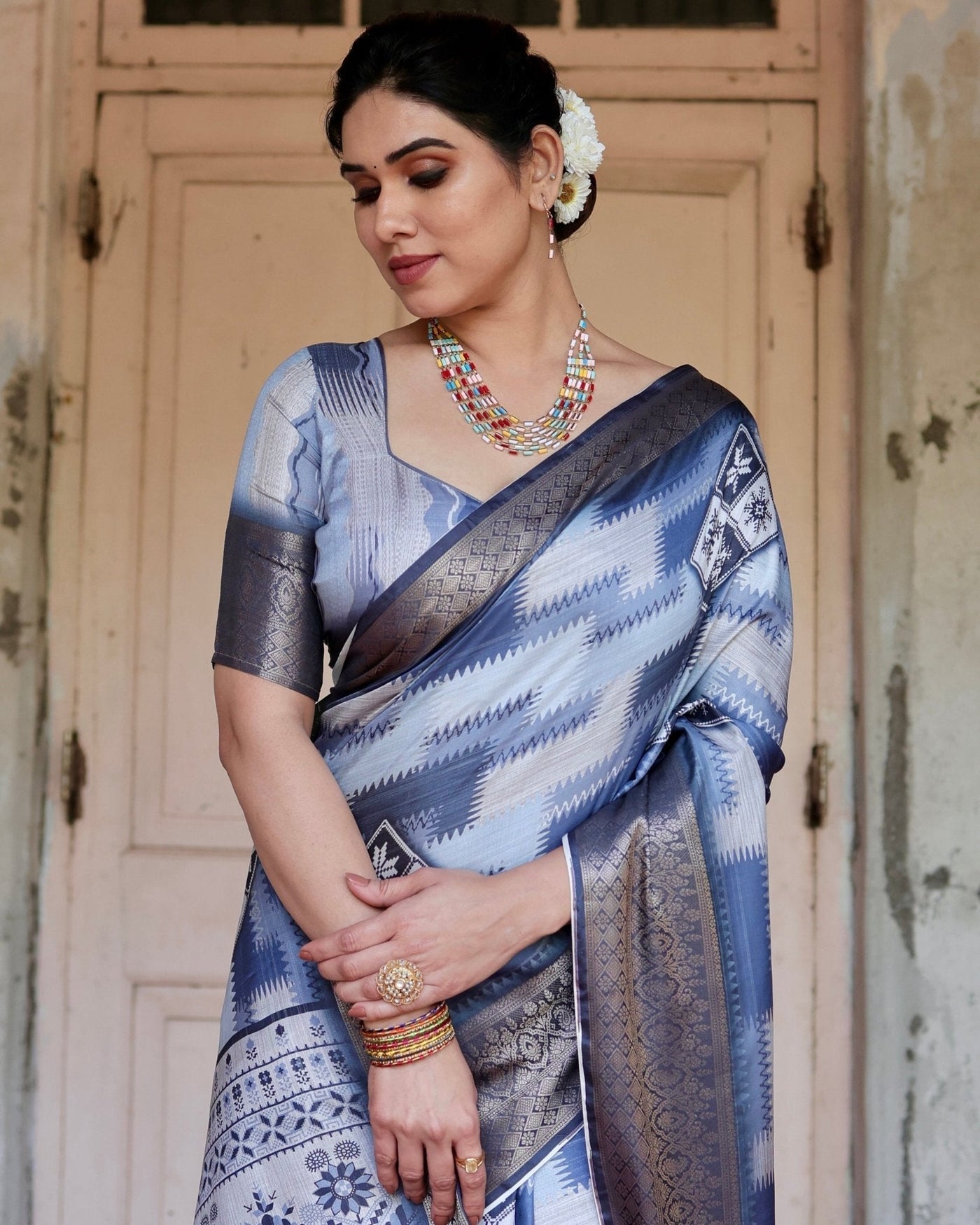 Pure Silk Digitally Printed Saree Weaved With Golden Zari Comes With Tassels - Almaari Fashion