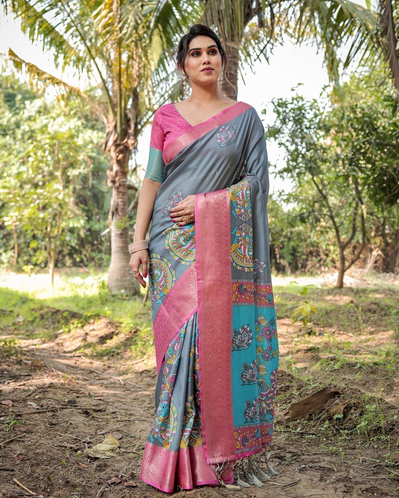 Pure Silk Digitally Printed Saree Weaved With Golden Zari Comes With Tassels - Almaari Fashion