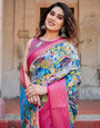 Vibrant Multicolor Digital Printed Tussar Silk Saree with Pink Zari Border