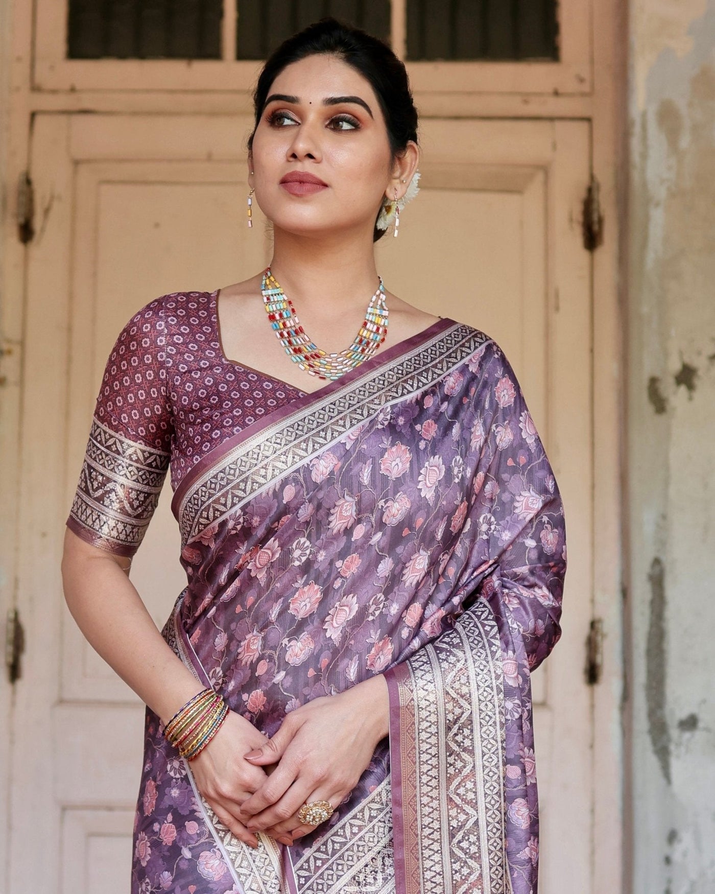 Pure Silk Digitally Printed Saree Weaved With Golden Zari Comes With Tassels - Almaari Fashion