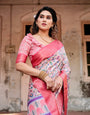 Blush Pink Tussar Silk Saree with Multicolor Floral Design and Zari Paisley Border