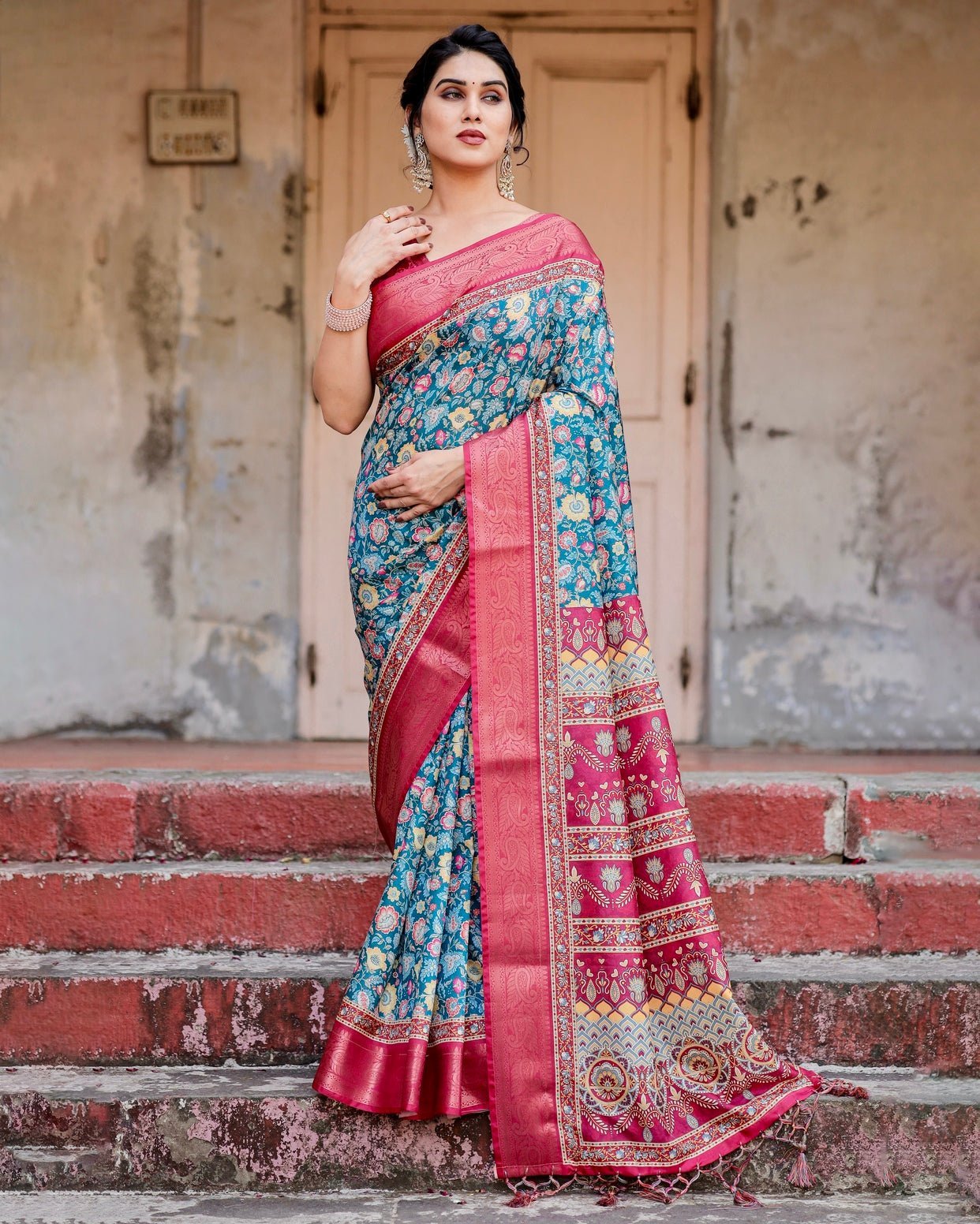 Pure Silk Digitally Printed Saree Weaved With Golden Zari Comes With Tassels - Almaari Fashion