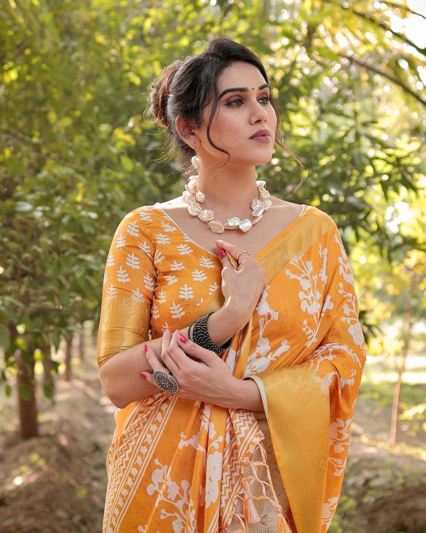 Pure Silk Digitally Printed Saree Weaved With Golden Zari Comes With Tassels - Almaari Fashion