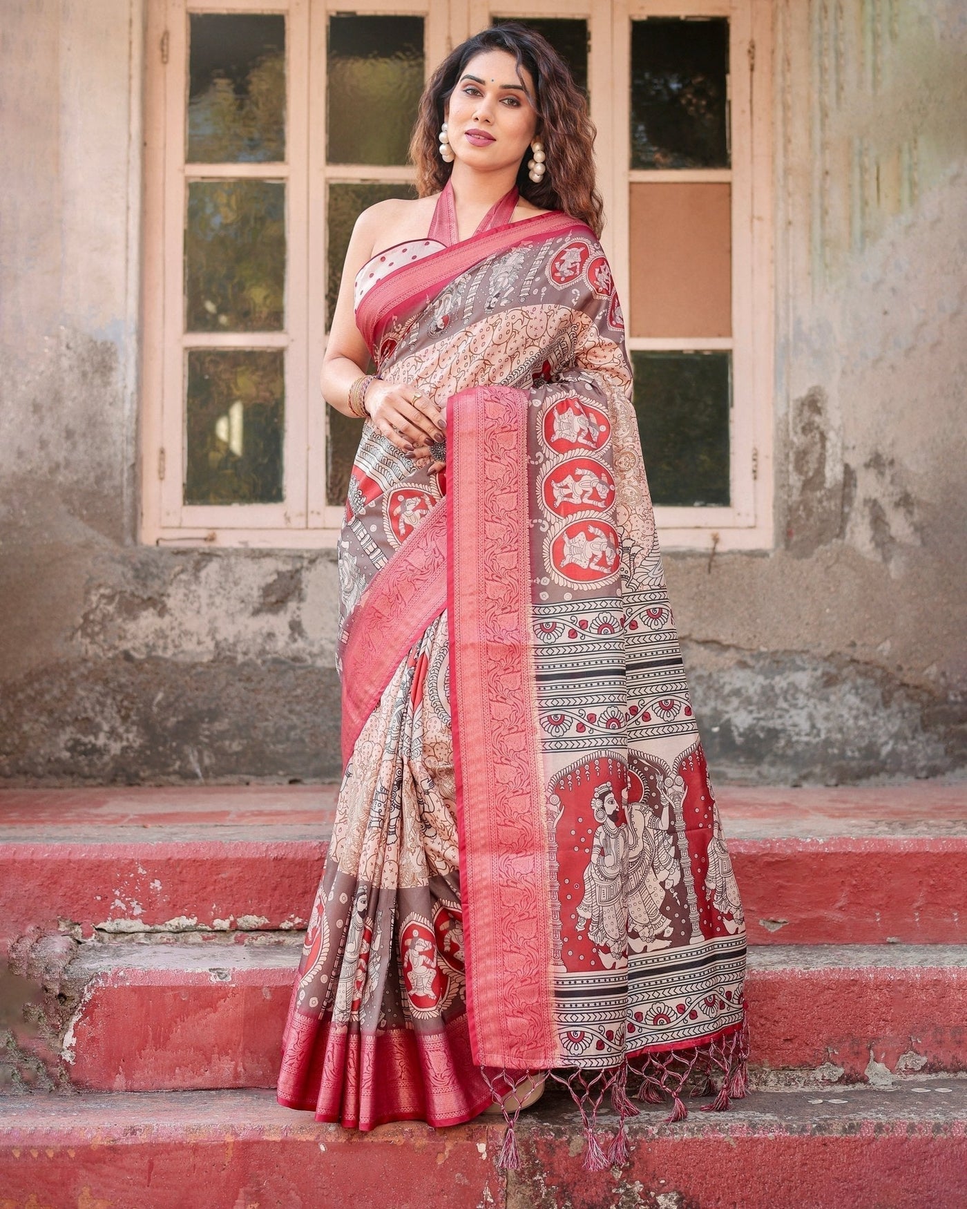 Pure Silk Digitally Printed Saree Weaved With Golden Zari Comes With Tassels - Almaari Fashion