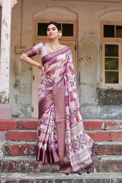 Pure Silk Digitally Printed Saree Weaved With Golden Zari Comes With Tassels - Almaari Fashion