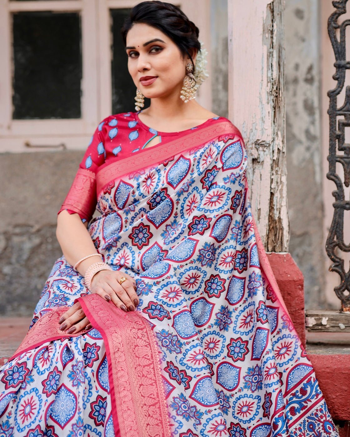 Pure Silk Digitally Printed Saree Weaved With Golden Zari Comes With Tassels - Almaari Fashion