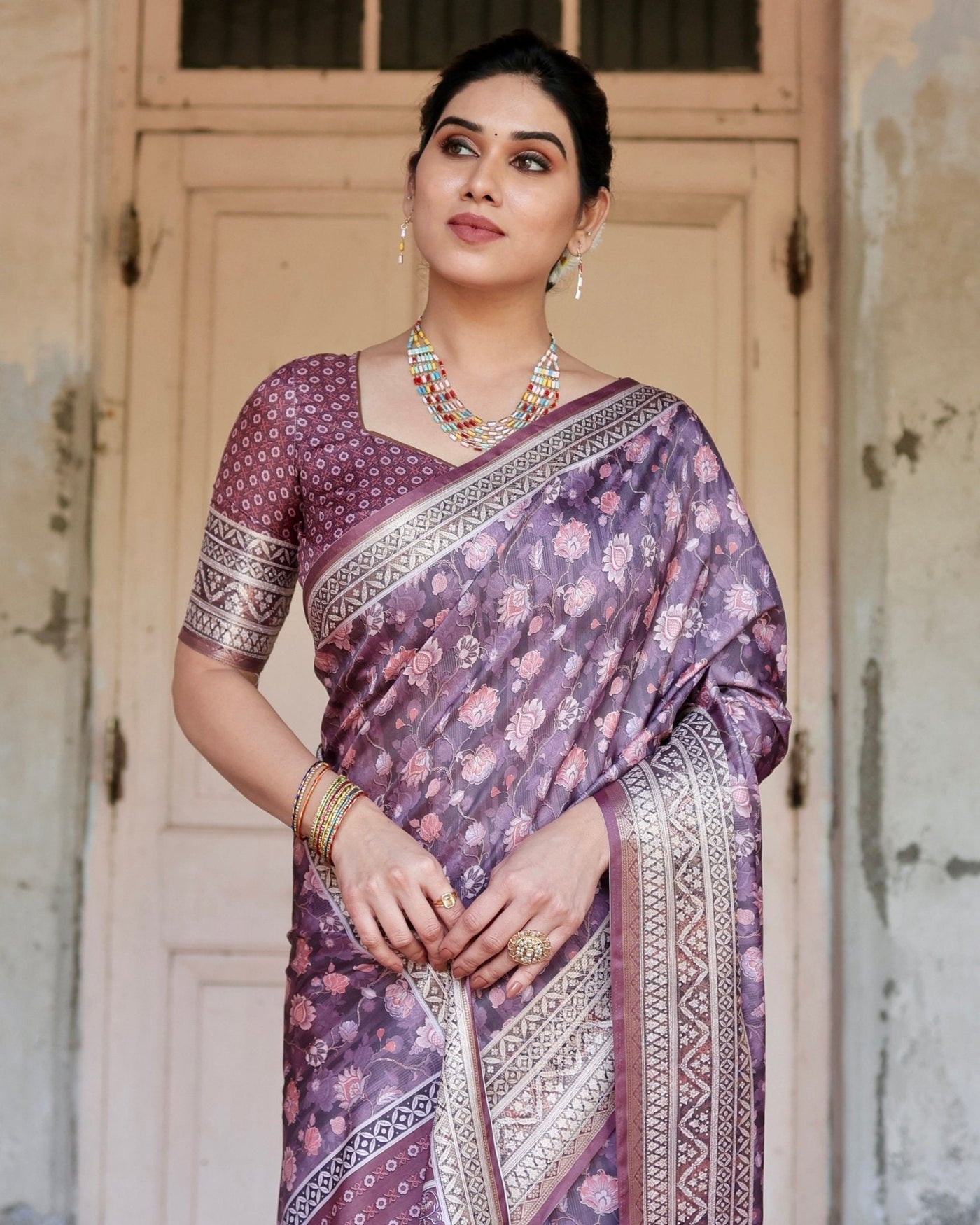 Pure Silk Digitally Printed Saree Weaved With Golden Zari Comes With Tassels - Almaari Fashion