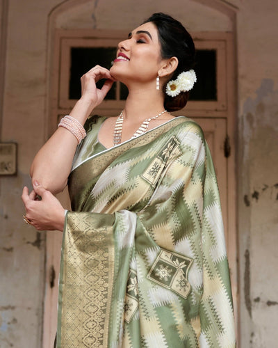 Pure Silk Digitally Printed Saree Weaved With Golden Zari Comes With Tassels - Almaari Fashion