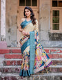 Beige & Teal Tussar Silk Saree with Intricate Kalamkari and Zari Border