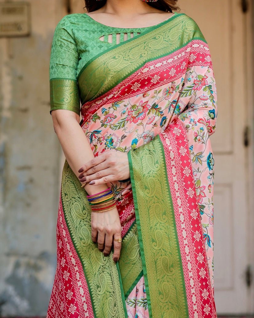 Pure Silk Digitally Printed Saree Weaved With Golden Zari Comes With Tassels - Almaari Fashion