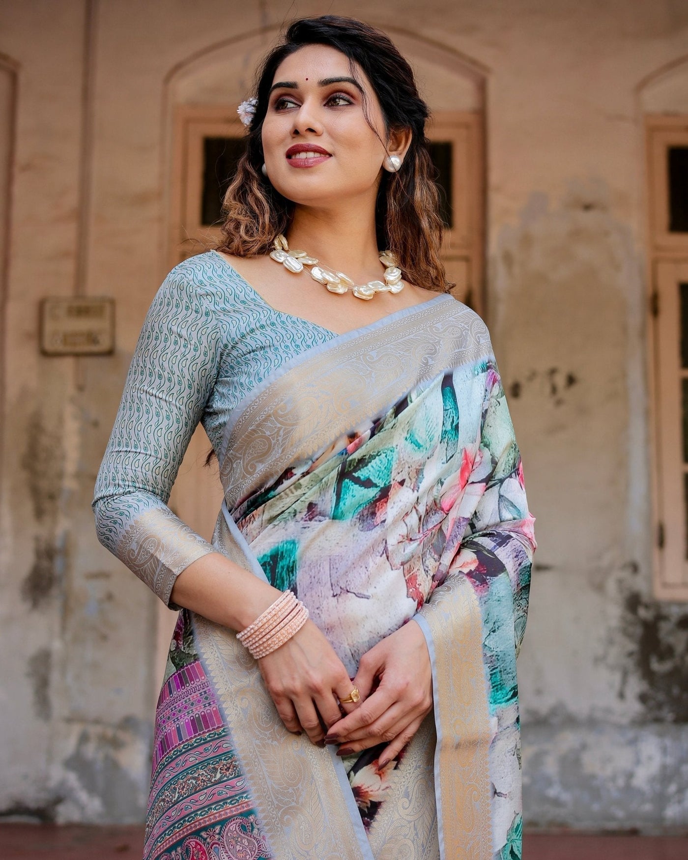 Pure Silk Digitally Printed Saree Weaved With Golden Zari Comes With Tassels - Almaari Fashion