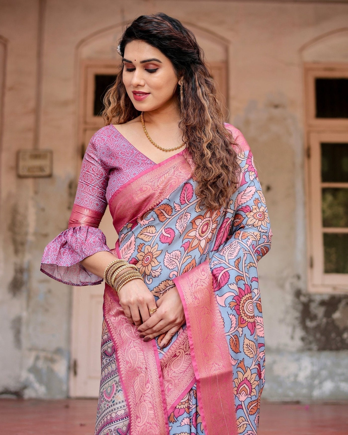 Pure Silk Digitally Printed Saree Weaved With Golden Zari Comes With Tassels - Almaari Fashion