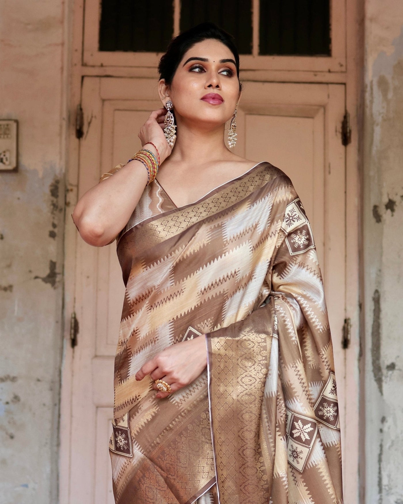 Pure Silk Digitally Printed Saree Weaved With Golden Zari Comes With Tassels - Almaari Fashion