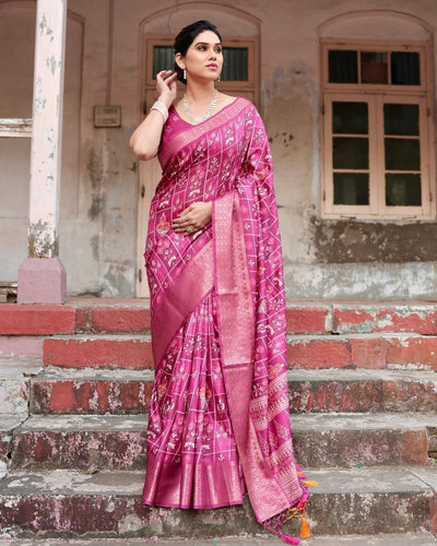 Pure Silk Digitally Printed Saree Weaved With Golden Zari Comes With Tassels - Almaari Fashion