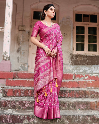 Pure Silk Digitally Printed Saree Weaved With Golden Zari Comes With Tassels - Almaari Fashion