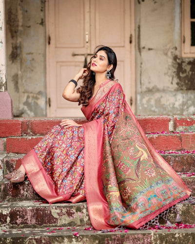 Pure Silk Digitally Printed Saree Weaved With Golden Zari Comes With Tassels - Almaari Fashion