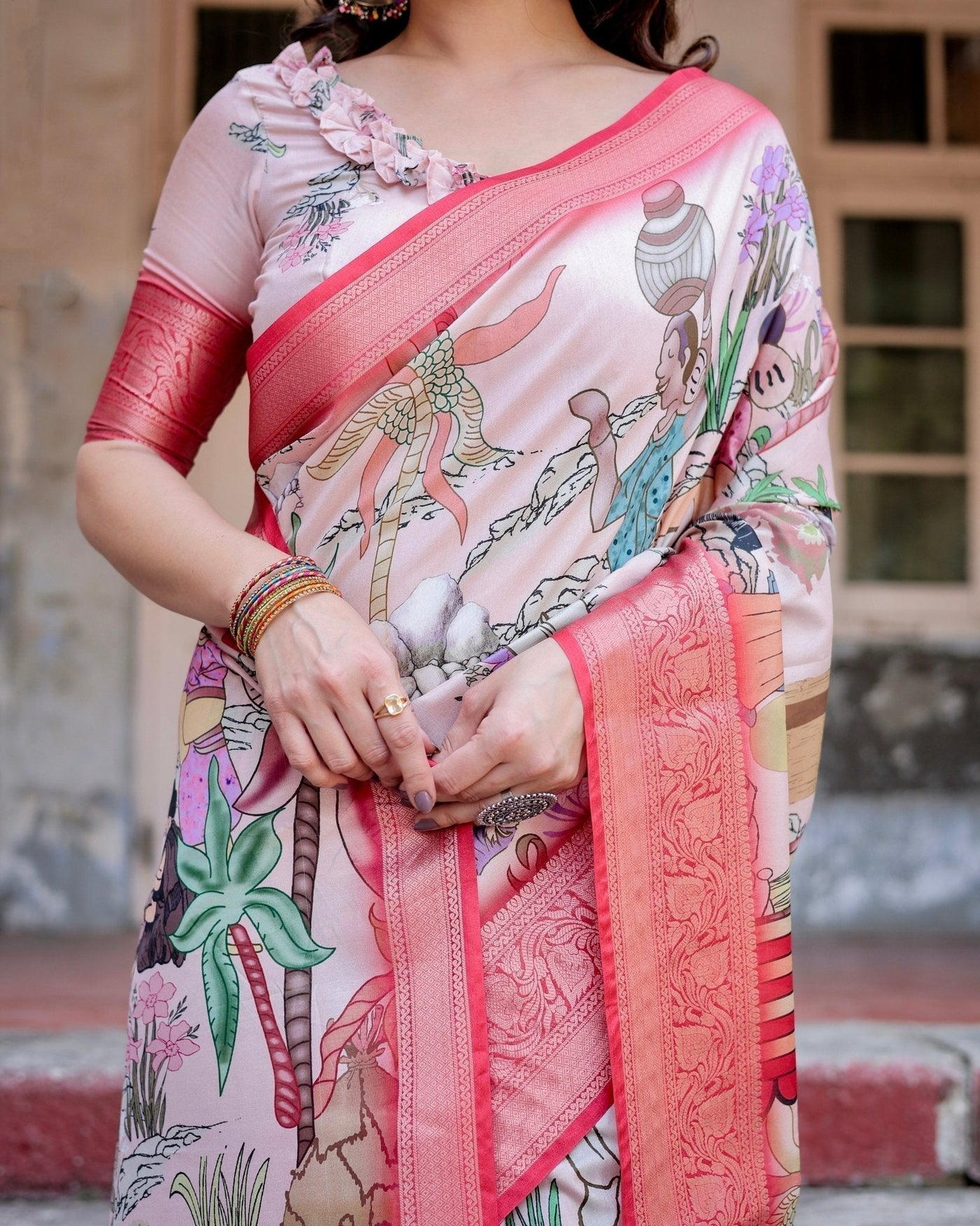 Pure Silk Digitally Printed Saree Weaved With Golden Zari Comes With Tassels - Almaari Fashion