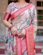 Blush Pink Digital Print Banarasi Silk Saree with Vibrant Storyline Art