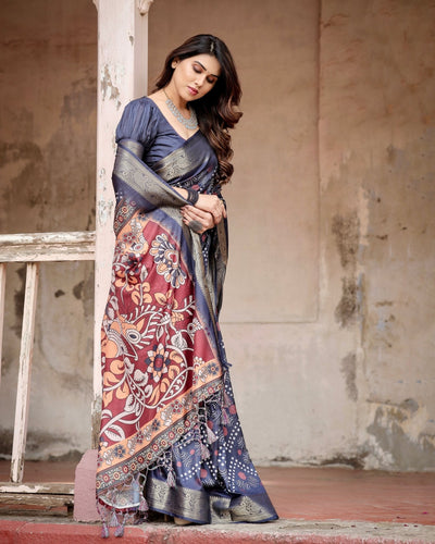 Pure Silk Digitally Printed Saree Weaved With Golden Zari Comes With Tassels - Almaari Fashion