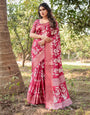 Maroon Banarasi Silk Saree with White Floral Motifs, Intricate Zari Border, and Elegant Tassel Pallu