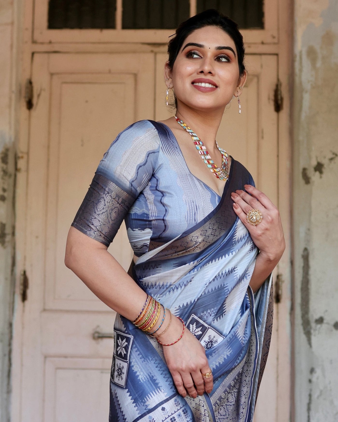 Pure Silk Digitally Printed Saree Weaved With Golden Zari Comes With Tassels - Almaari Fashion