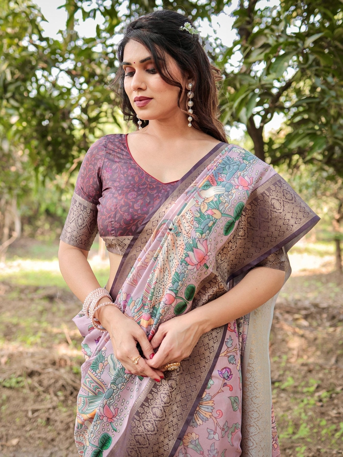 Pure Silk Digitally Printed Saree Weaved With Golden Zari Comes With Tassels - Almaari Fashion