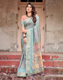 Sky Blue Tussar Silk Saree with Intricate Zari Border and Artistic Pallu Design