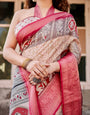 Beige and Red Banarasi Silk Saree with Traditional Motifs and Ornamental Zari Border