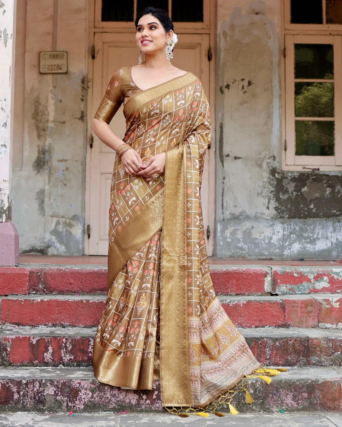 Pure Silk Digitally Printed Saree Weaved With Golden Zari Comes With Tassels - Almaari Fashion