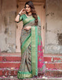 Emerald Green & Magenta Tussar Silk Saree with Zari Weave and Tassel Finish