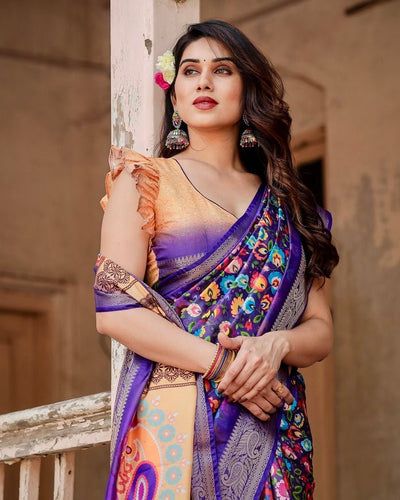 Pure Silk Digitally Printed Saree Weaved With Golden Zari Comes With Tassels - Almaari Fashion