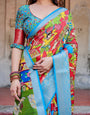 Multicolor Folk Art Inspired Digital Print Banarasi Silk Saree with Sky Blue Zari Border