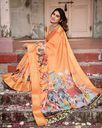 Pure Silk Digitally Printed Saree Weaved With Golden Zari Comes With Tassels - Almaari Fashion