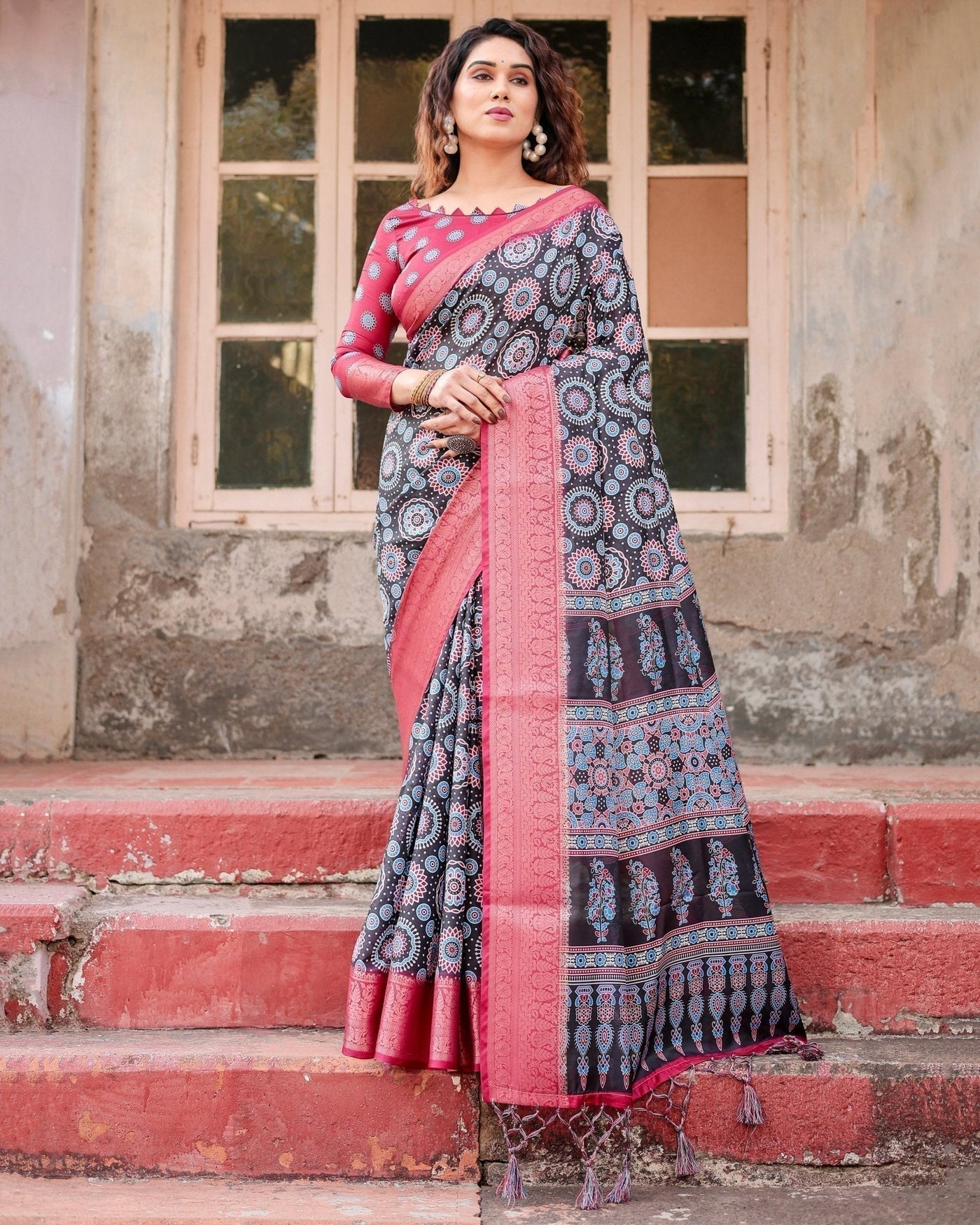 Pure Silk Digitally Printed Saree Weaved With Golden Zari Comes With Tassels - Almaari Fashion