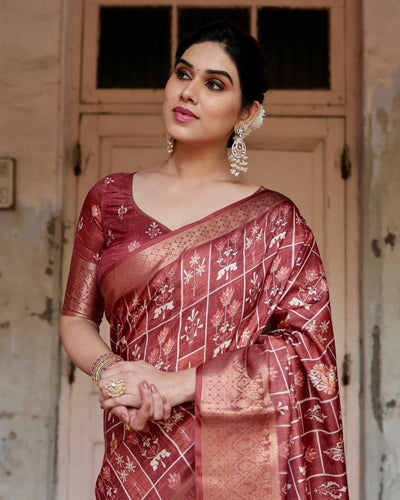 Pure Silk Digitally Printed Saree Weaved With Golden Zari Comes With Tassels - Almaari Fashion