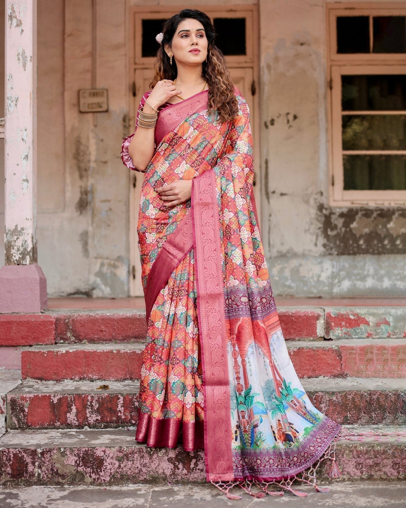 Pure Silk Digitally Printed Saree Weaved With Golden Zari Comes With Tassels - Almaari Fashion