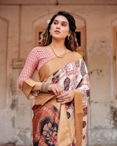 Pure Silk Digitally Printed Saree Weaved With Golden Zari Comes With Tassels - Almaari Fashion