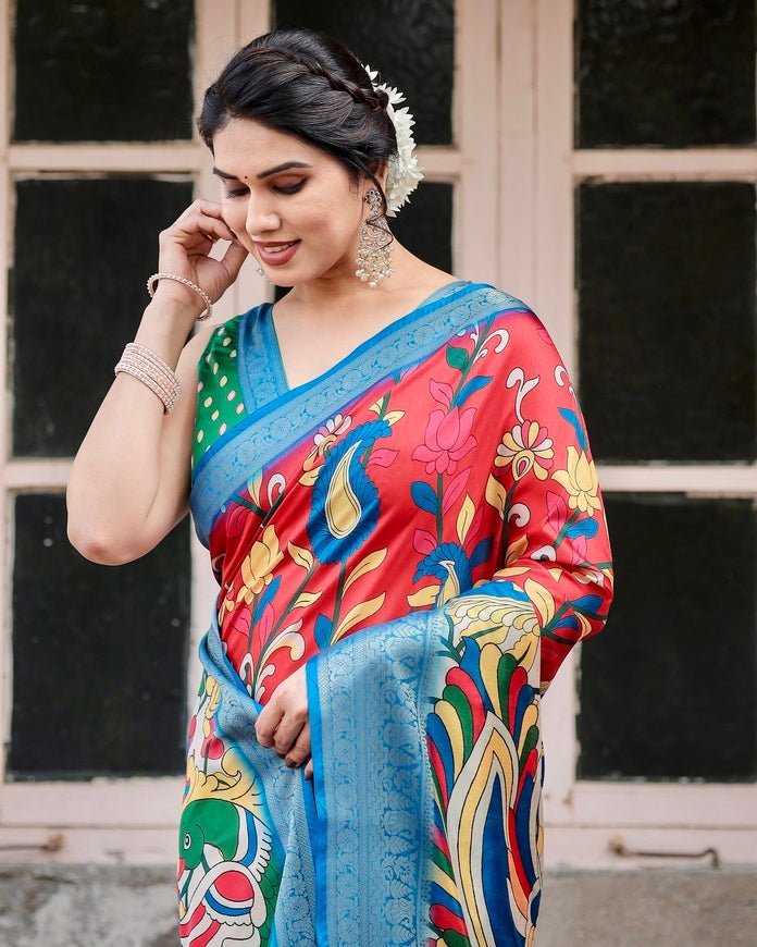 Pure Silk Digitally Printed Saree Weaved With Golden Zari Comes With Tassels - Almaari Fashion