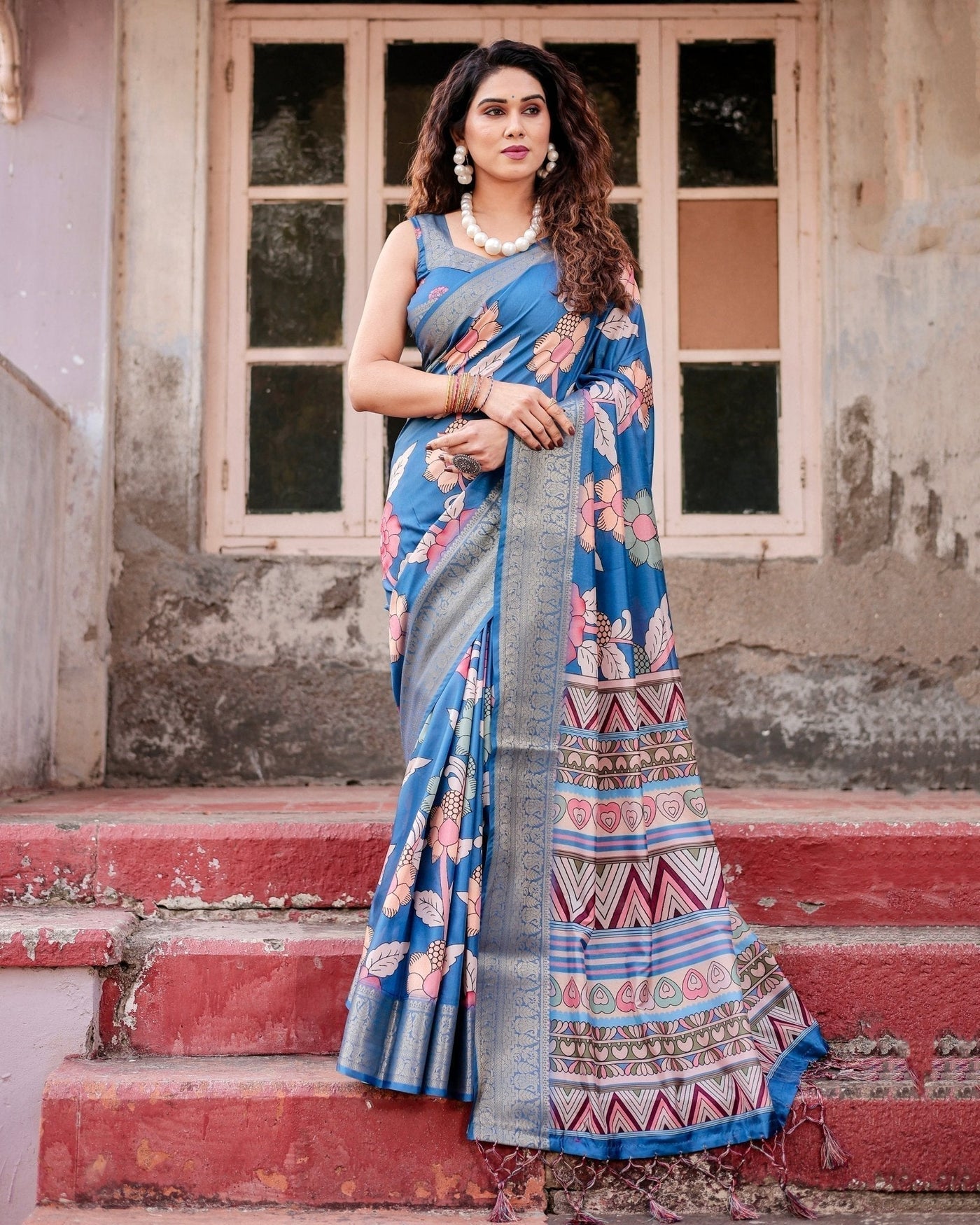 Pure Silk Digitally Printed Saree Weaved With Golden Zari Comes With Tassels - Almaari Fashion