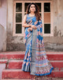 Sky Blue Banarasi Silk Saree with Bold Floral Motifs and Chevron Pallu Design