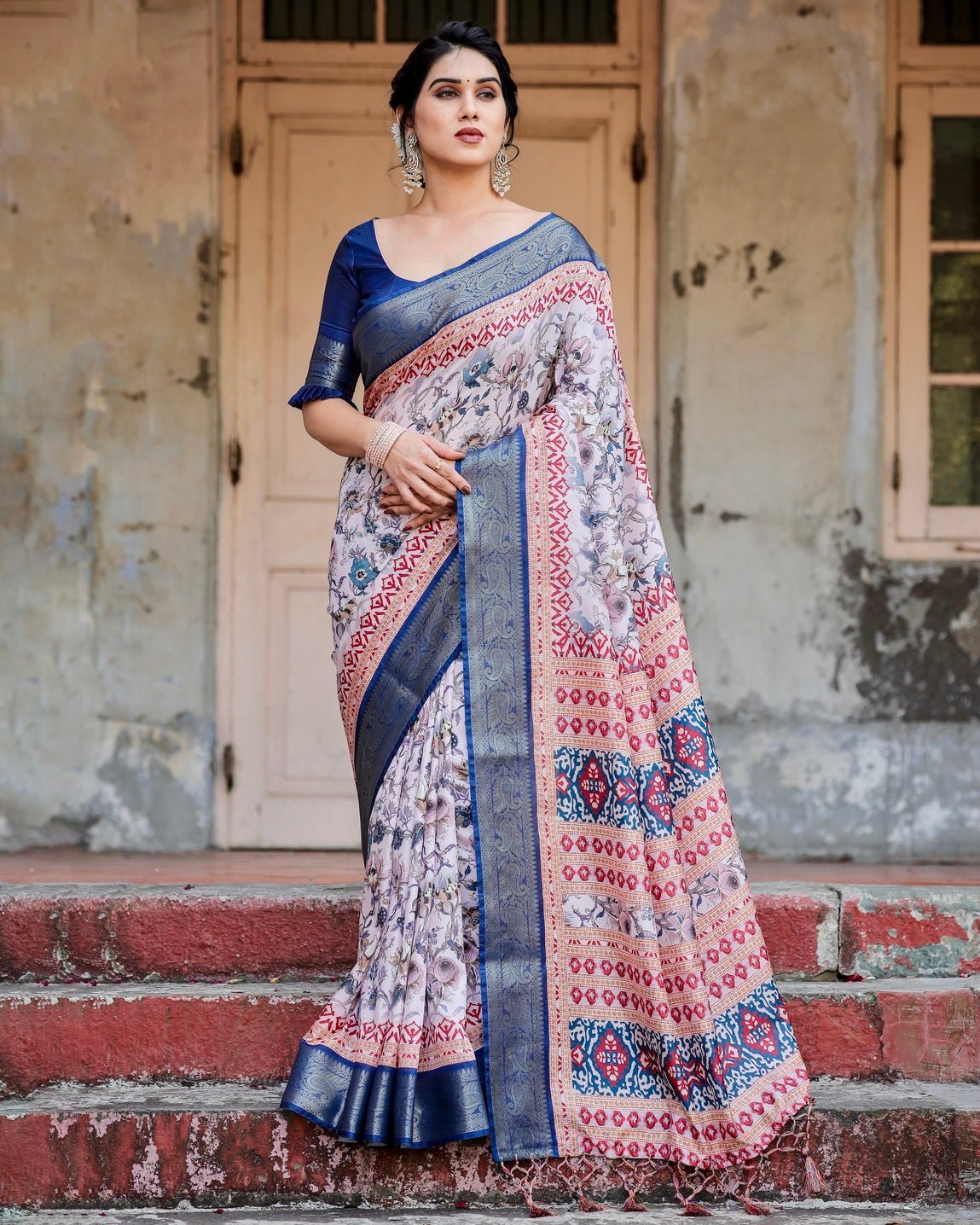 Pure Silk Digitally Printed Saree Weaved With Golden Zari Comes With Tassels - Almaari Fashion